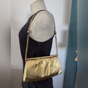 Vintage Andé 70's 80s gold lamé purse with chain link strap and gold clasp